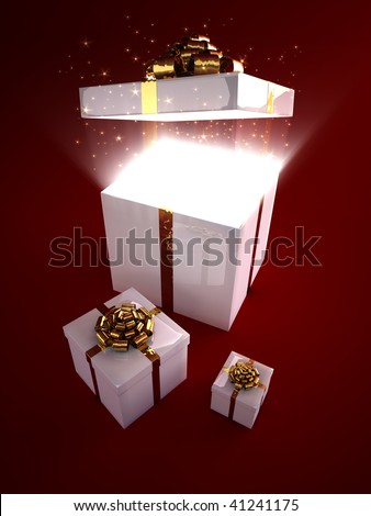 Glowing particles flowing out from magic gift  box