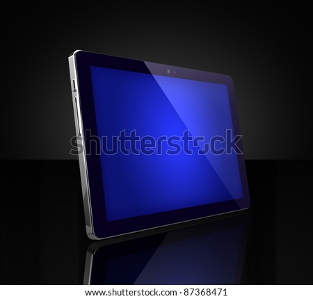 Blue touch screen digital tablet on black