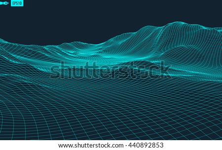 Abstract vector landscape background. Cyberspace landscape grid. 3d technology vector illustration.