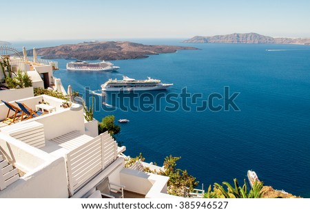 White architecture on Santorini island, Greece, Europe. Beautiful view on the sea.