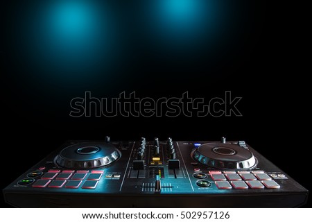 DJ Music night club, DJ technique - CD players and DJ console during the party. Prepared four your text.