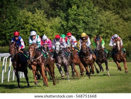 Horseracing in Czechia, Europe. Traditional sport. Jockeys on horses.