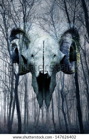 Demonic occult goat skull materialising in misty atmospheric haunted forest.