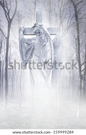 Angelic male figure carrying a cross materialising in an atmospheric misty forest rendered in soft lilac tones.