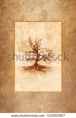 Leafless winter tree rendered as antique sepia tone print framed against a warm autumn texture background.