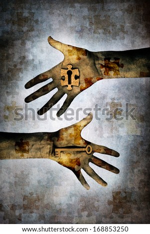 Hand holding a key alongside second hand holding a jigsaw piece with keyhole in centre against a grunge background of layered jigsaw pieces denoting mystery, secrecy, security, problem, solution, etc.