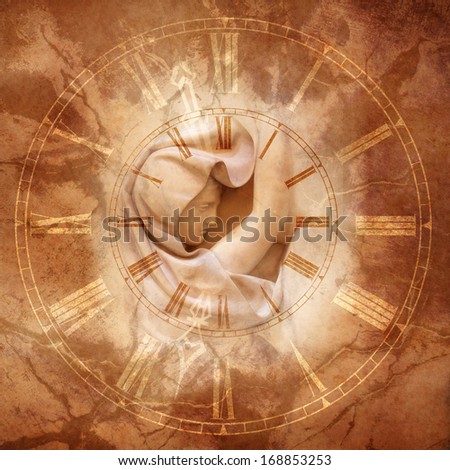 Time Lady montage with classical robed female figure centered in an antique clock dial against a sepia tone marble background denoting transience and time passing.