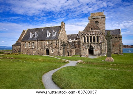 Iona Abbey on the Isle of Iona in the Inner Hebrides on the West Coast of Scotland. Founded by Columba in 563AD this is one of the most important religious and historic sites in Scotland.