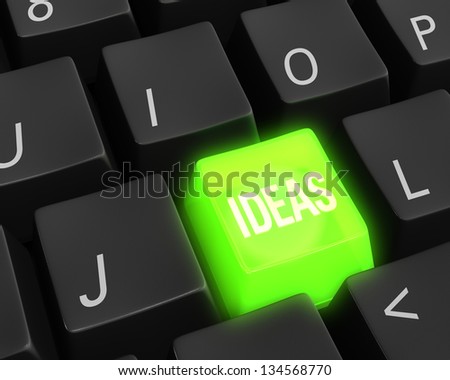 Close up photo-real illustration of black computer keyboard keys surrounding a single green glowing IDEAS key.