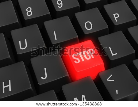 Close up photo-real illustration of black computer keyboard keys surrounding a single red glowing STOP key.