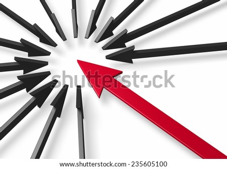 Close up of a red arrow standing out from and breaking into a circle formed by several black arrows. Isolated on white.