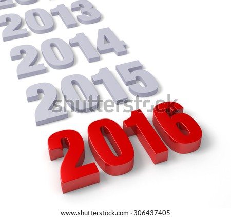 Bold, shiny red 2016 leads a row of plain, gray preceding years. Isolated on white.
