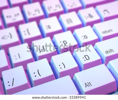 Close up of a keyboard with keys marked with emoticons. Narrow depth of field and is lit with blue and purple gels.