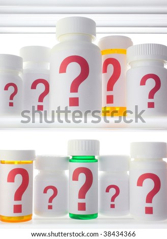 Close crop of medicine cabinet shelves filled with pill bottles, each labeled with a red question mark.  Lighting is neutral with strong back lighting.