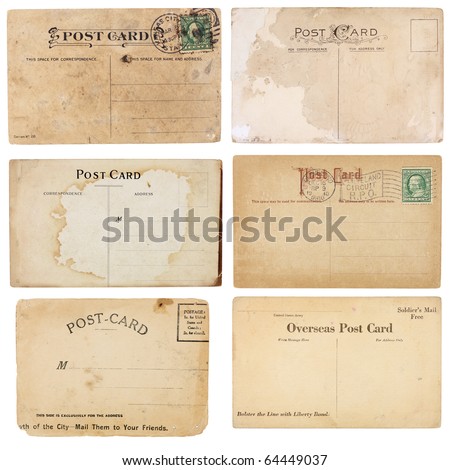 A set of six mildly heavily distressed vintage from early 1900s Postcards are blank with room for your text and images Isolated on white with clipping paths A set of six mildly heavily distressed vintage from early 1900s Postcards are blank with room for your text and images Isolated on white with clipping paths