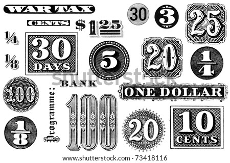 Distressed, vintage black and white graphic elements from 1870 through 1920.  Numbers and words, isolated on white.