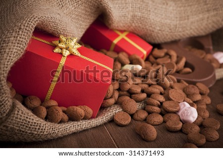 \'De zak van Sinterklaas\' (St. Nicholas\' bag) filled with \'pepernoten\', a letter of chocolate and sweets. All part of the traditional Dutch holiday \'Sinterklaas\'.
