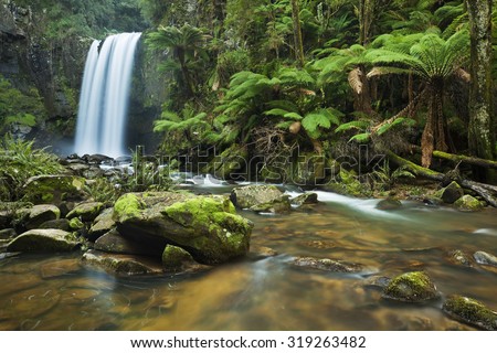 Waterfall in a lush rainforest. Photographed at the Hopetoun Falls in the Great Otway National Park in Victoria, Australia.