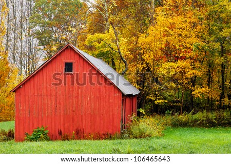Red barn in autumn, with a background of colorful trees and fall leaves