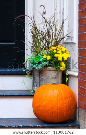 Pumpkin and potted plants outside the front door to celebrate Halloween and the autumn season.