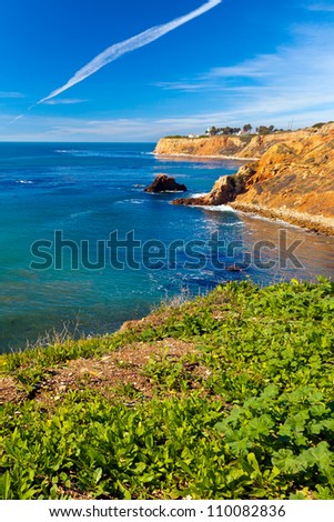 Beautiful view of the sparkling blue Pacific Ocean from the cliffs of the Palos Verdes Peninsula in southern California