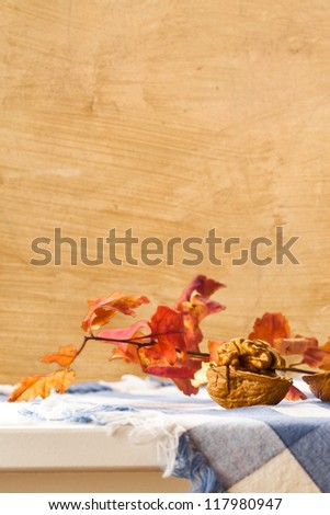Walnut in the shell with colorful autumn leaves.  Kitchen still life with copy space.