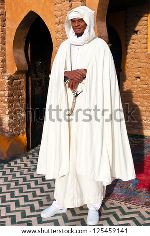 MOROCCO-JAN 2: With unemployment in Mali at more than 30%, many seek jobs abroad, like this Malian man in a Moorish costume working as a hotel greeter in the Ziz Valley in Morocco on Jan. 2, 2013.