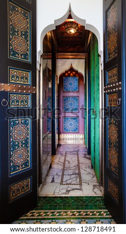 Moroccan Painted Doors And Marble Hallway. Location: Interior In Marrakech, Morocco