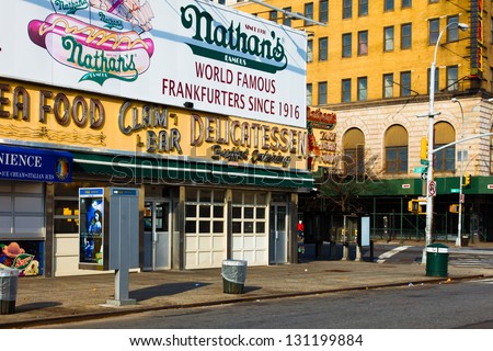 NEW YORK CITY-NOV 20:The historic Nathan\'s Hot Dogs original flagship location, which opened in 1916 in Coney Island, NYC on Nov. 20, 2010.The hot dogs are now sold in 40K locations the world over.