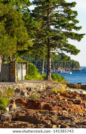 Shore Path at Bar Harbor, Maine, a walkway that passes in front of several historic waterfront mansions. The path is more than a century old.