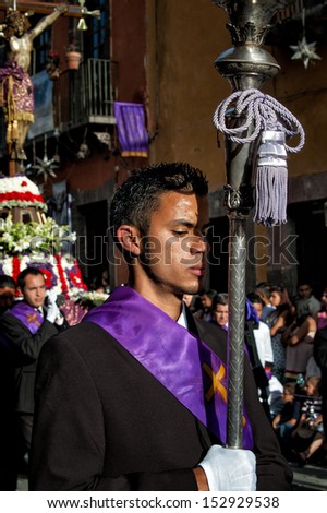 SAN MIGUEL DE ALLENDE, MEXICO - APRIL 6: Holy Week procession on Good Friday in San Miguel de Allende, Mexico on April 6, 2007. The 4-mile religious pageant attracts thousands of visitors.