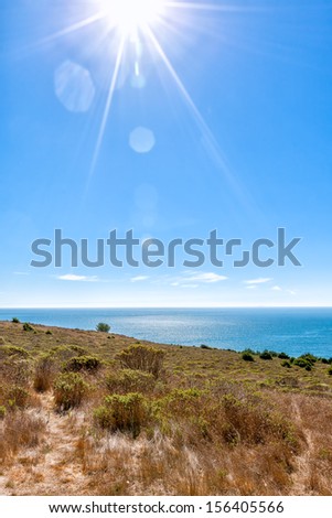 Pacific Ocean and sky with big sun flare and rays (real). Viewed from cliff landscape in the foreground. Copy space.