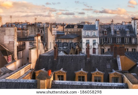 Paris rooftops in the historic heart of the city. Romantic view with close up detail.