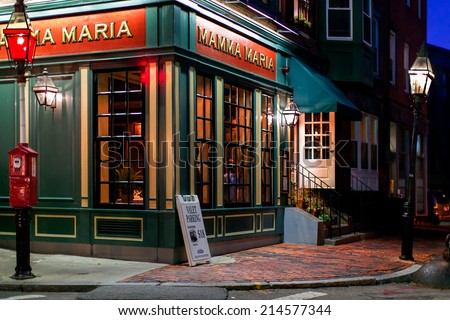 BOSTON-OCT 20, 2011:One of many Italian restaurants in the historic North End, the city\'s oldest neighborhood settled in the 1630s, called Little Italy for its large population of Italian-Americans.