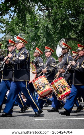 WASHINGTON DC-May 25, 2015: United States Army Band marching in the Memorial Day Parade. The band is also known as Pershing\'s Own and was founded in 1922.