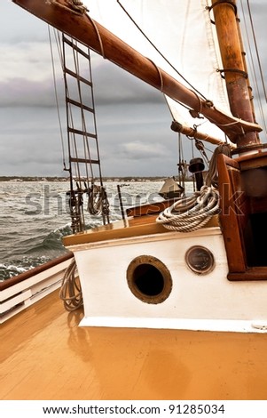 Sailing on a vintage wooden boat, a two masted schooner built in the 1920s