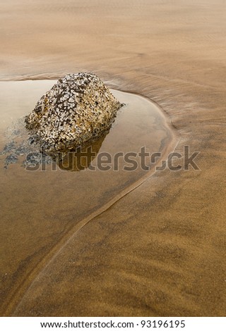 zen rock in pool of water with reflection, in a natural setting on a beach with gold sand, room for copy, vertical