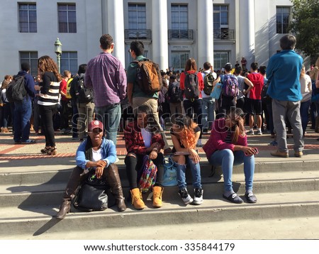 BERKELEY,CA-NOV 5, 2015: 700 Berkeley High School students waged a non-violent protest over anonymous racist hate messages found on campus. They marched through town to UC Berkeley, shown here.