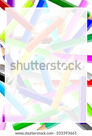 Disordered colorful pencils chaos background under a white transparent frame illustration