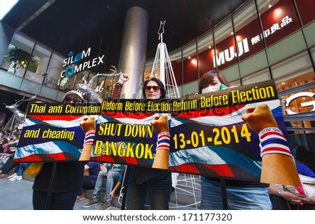 BANGKOK-JAN 13: Unidentified Thai protesters raise banners to resist government of Shinawatra regimes on Jan 13, 2014 in Bangkok, Thailand. It claims that up to million Thai people gather on such day.