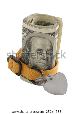 Money roll showing Benjamin Franklin\'s portrait with a yellow pet collar.
