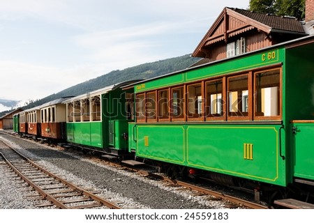 Historical railroad cars on train station in Mauterndorf village, Austria