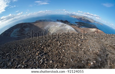 Fisheye view of Grand (Fossa) crater of Vulcano island and Aeolian islands near Sicily, Italy