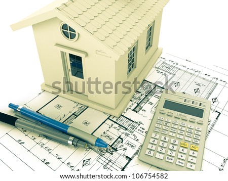 Planning home: blueprint, pencil and calculator. 3D rendering