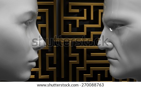 Man and woman face to face on the background of the labyrinth