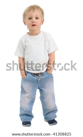 Boys Dress Shirts on Boy Of Three Years  Dressed In A White Shirt And Blue Jeans Poses