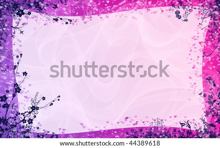 Background for congratulations. Colors from light purple to pink, against the backdrop of smooth waves, the edges of the ornament of blooming flowers and a lot of hearts as the petals of flowers