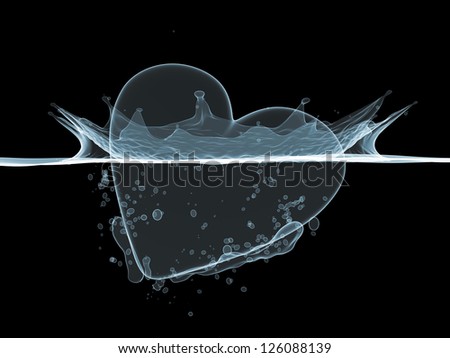 Heart diving into water, with splashes and air bubbles. X-ray style.