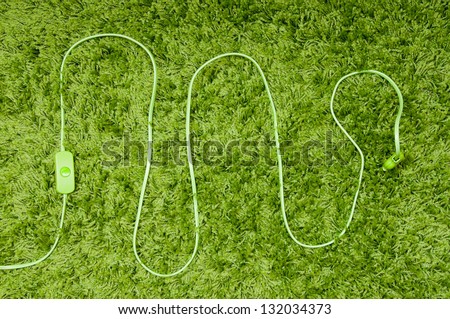 Green electric wire with the switcher and plug, on the green carpet.