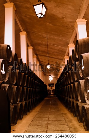 JEREZ, SPAIN - AUGUST 9: Barrels for wine in wine bodega of Sandeman. The Sandeman trading house was founded in 1790 on August 9, 2014 in Jerez, Spain